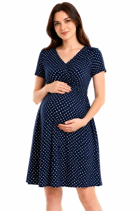 Navy Blue Maternity & Postpartum Nursing Polka Dot Viscose Dress