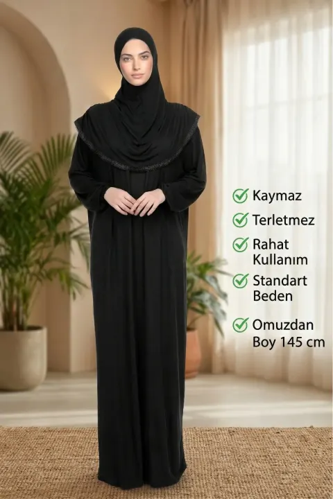 Women's Modest Cotton Headscarf Prayer Dress Lace One-Piece Jersey Fabric