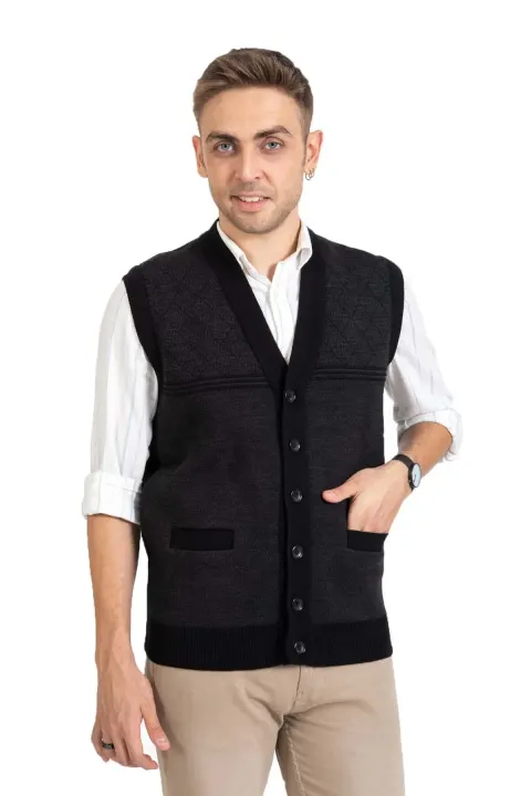 Men's Triko Knit Acrylic Winter Diamond Pattern Grandfather Button Vest for Middle Age and Above, Black