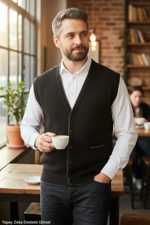 Men's Black V-Neck Knit Vest with Buttons, Pockets, Striped Pattern, Regular Fit, Non-Pilling Knit