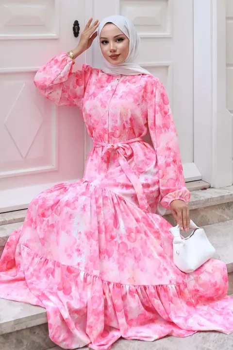 Desenli Tesettür Elbise Pembe 525