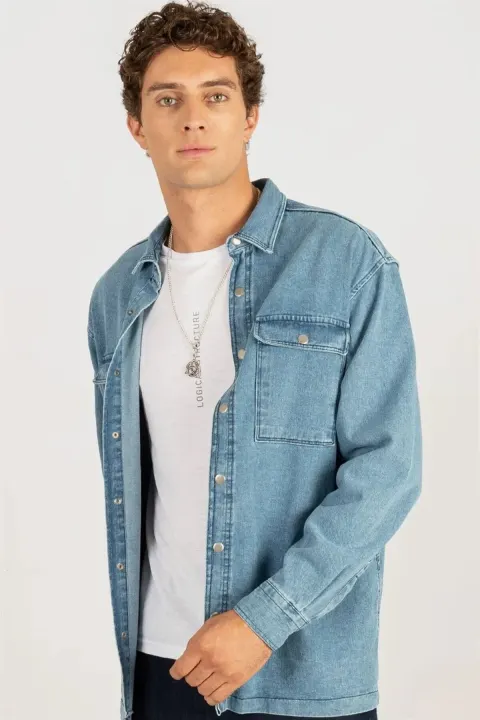 Unisex Oversize Wide Cut Denim Jeans Double Pocket Blue Overshirt Jacket Style Shirt