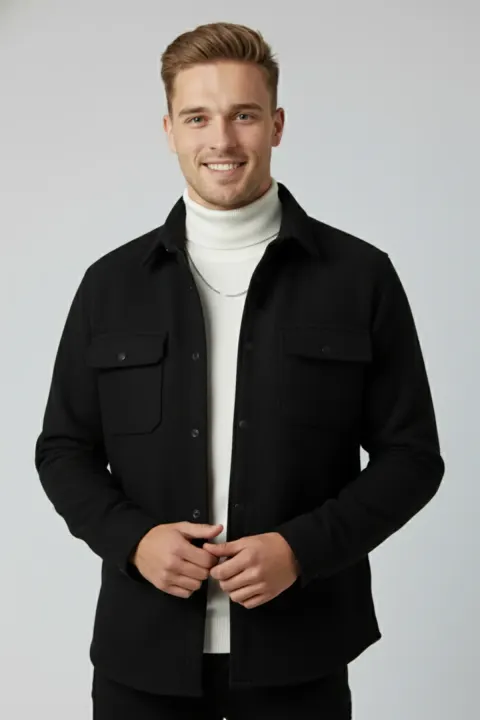 Men's Black Cashmere Coat Jacket – Relaxed Fit with Pockets and Snap Buttons