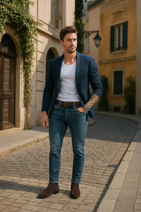 بنطلون جينز إنديغو رجالي بقصة ضيقة (⁦Slim Fit⁩) وخصر عادي وقصة مستقيمة وفتحة ساق ضيقة مع ليكرا