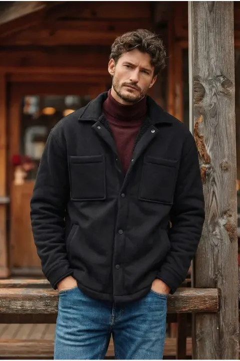 Premium Oversize Men's Fleece-Lined Snap-Front Black Jacket (Order One Size Smaller)