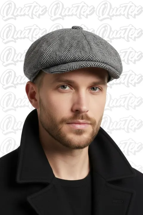 كشكشة كاشمير بنمط إنجليزي ⁦Peaky Blinders⁩ أسود بتصميم عظم السمكة %100 كاشمير خلفية مطاطية