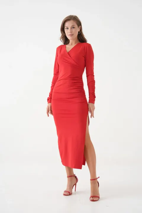 Red Stretch Scuba Fabric Midi Length Wrap Neckline Slit Detail Long Sleeve Evening Dress