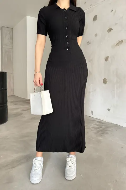 Women's Black Corduroy Long Summer Polo Neck Knit Dress