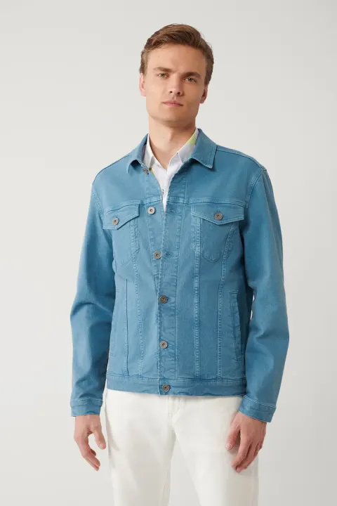 Men's Indigo Classic Collar Garment Dyed Pocket Comfort Fit Denim Jacket